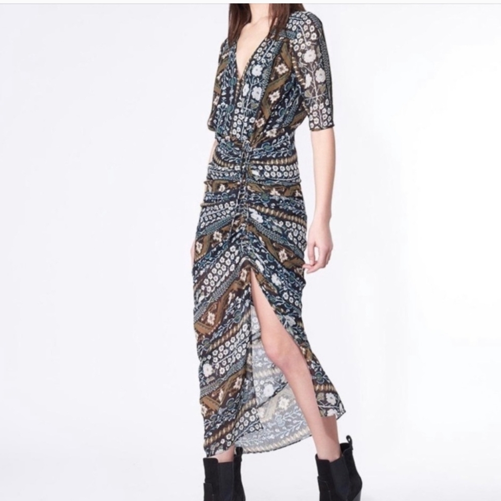Veronica Beard Perla Dress 2 Silk Lined $650  Floral Rushed Short Sleeves Green
